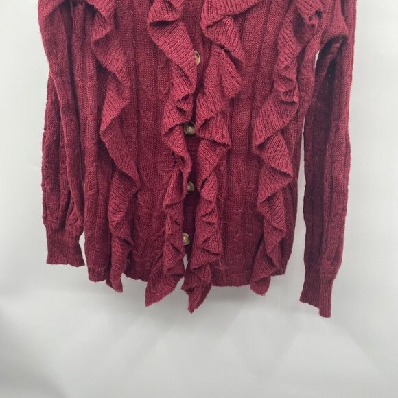 BiBi Women's Ruffle Button Up Cardigan Long Sleeve Maroon Large Lightweight - Picture 3 of 9